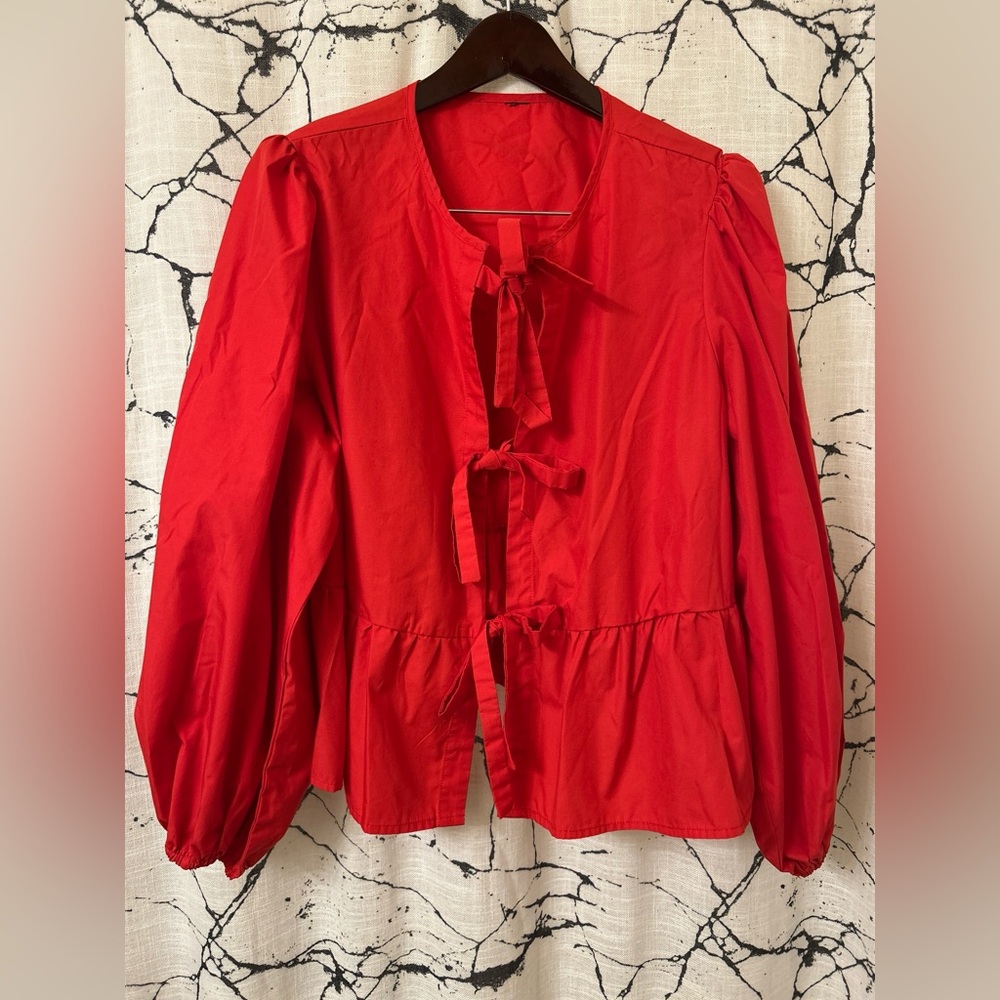Red Ruffled Ribbon Blouse for Women’s Casual Loose Fit -XXL